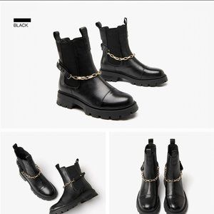 BeauToday Ankle Boots Platform Women Sheepskin Leather Metal Chain Pendant Elast